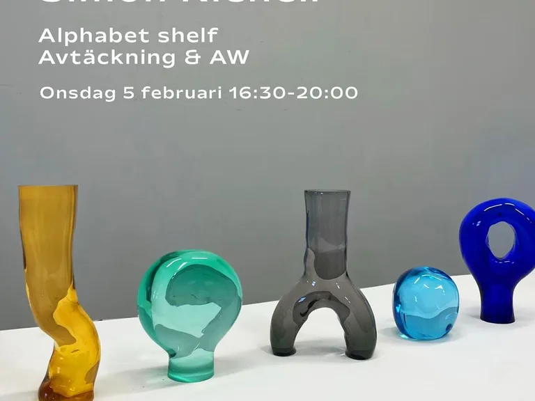 Glass objects by Simon Klenell for the Alphabet Shelf unveiling