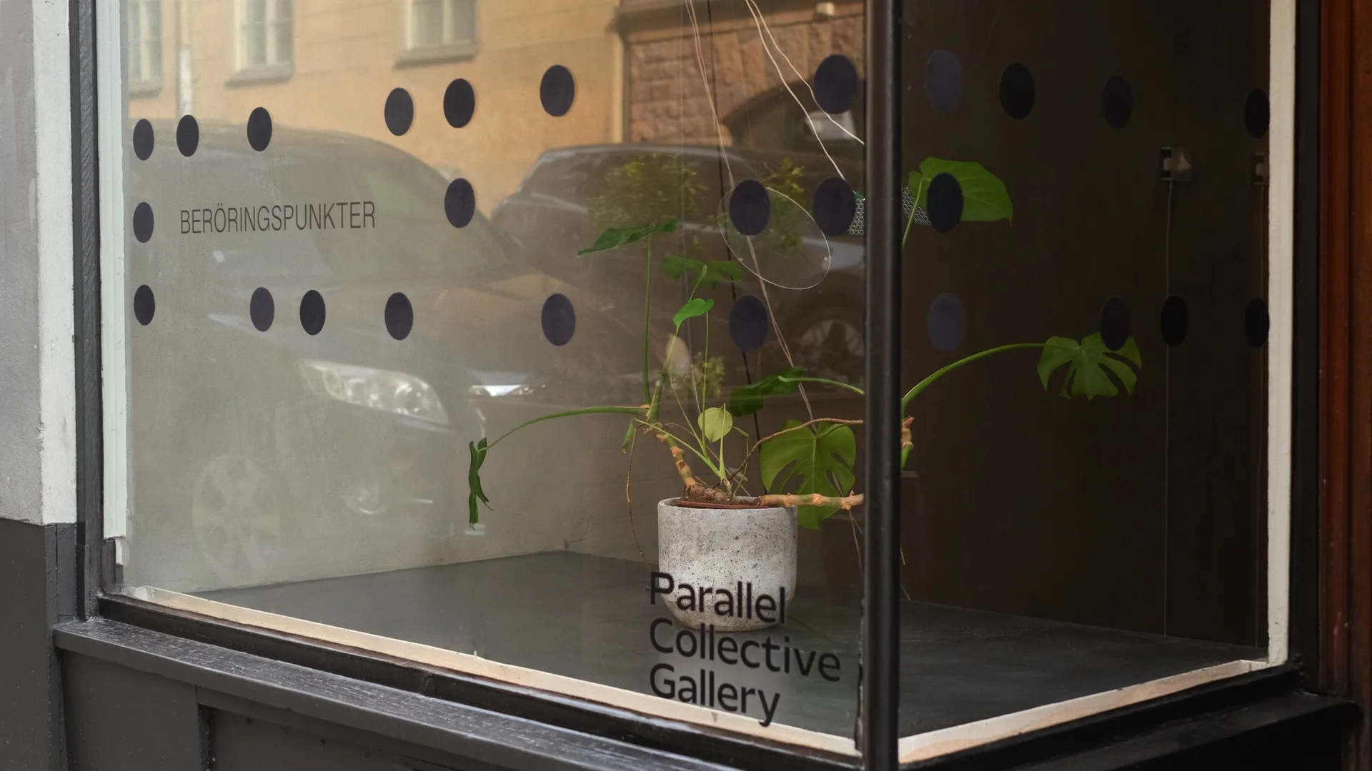 The gallery window with the exhibition title Beröringspunkter, enlarged braille dots on the glass and a monstera in a concrete pot.